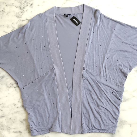NWT Express Cotton Modal Short Sleeve Loose Fit Open Front Top w/sparkling decor - Picture 3 of 5